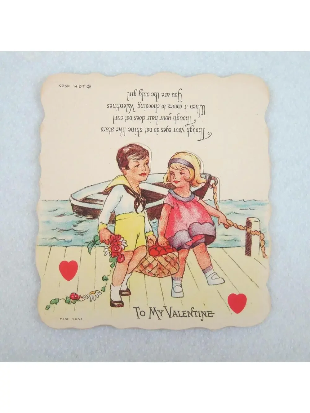 Vintage Valentine Card Cutout Stand Up Boy Sailor Suit Girl at Boat with Basket